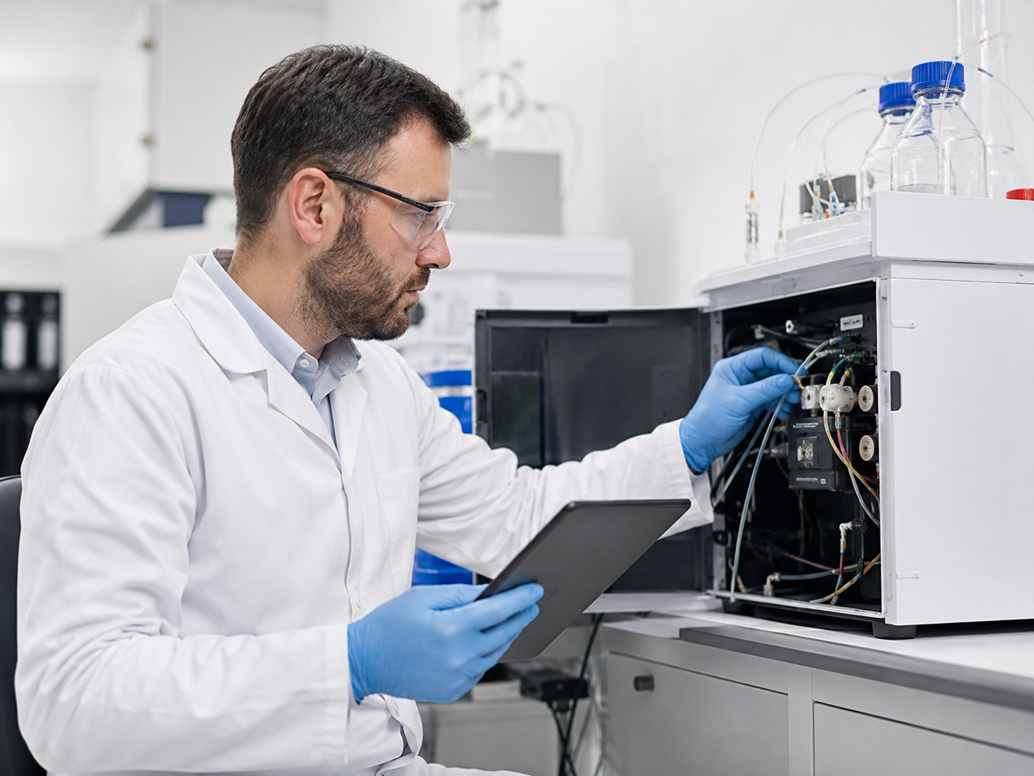 Técnico realizando mantenimiento de equipos de laboratorio