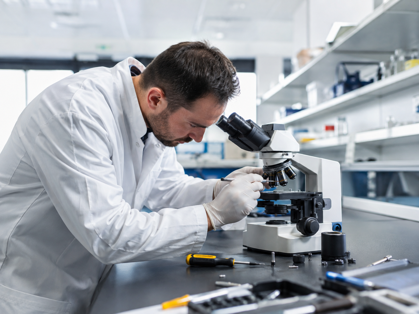 Microscopio de laboratorio durante una intervención técnica